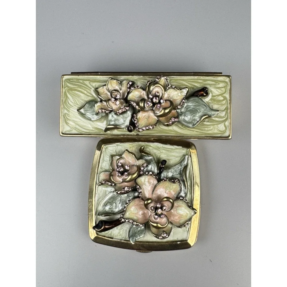 Argento SC Swarovski Crystal Floral Compact Mirror & Lipstick Case Enamel Set